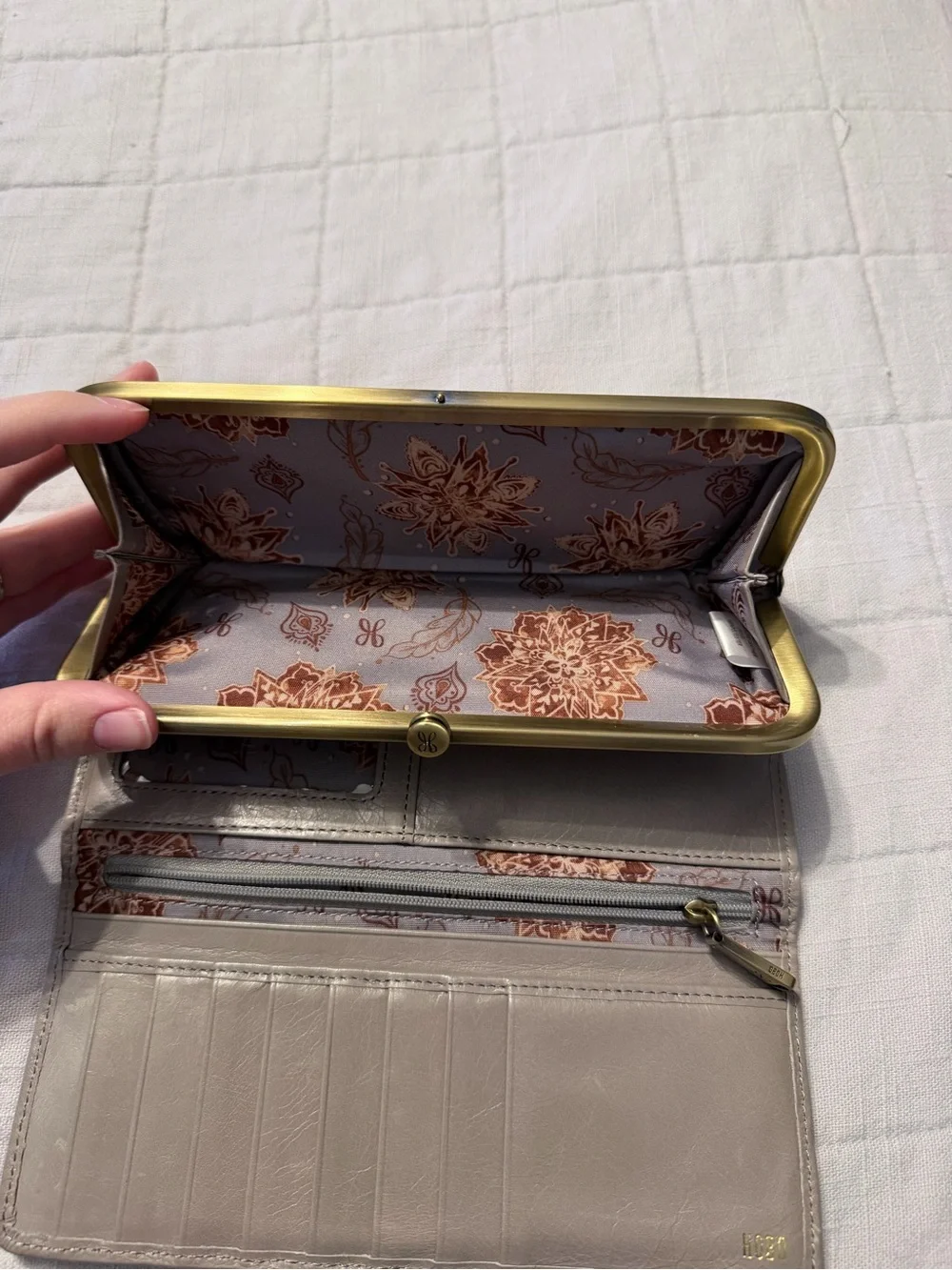 HOBO Taupe Leather Frame Wallet with Brushed Gold Trim